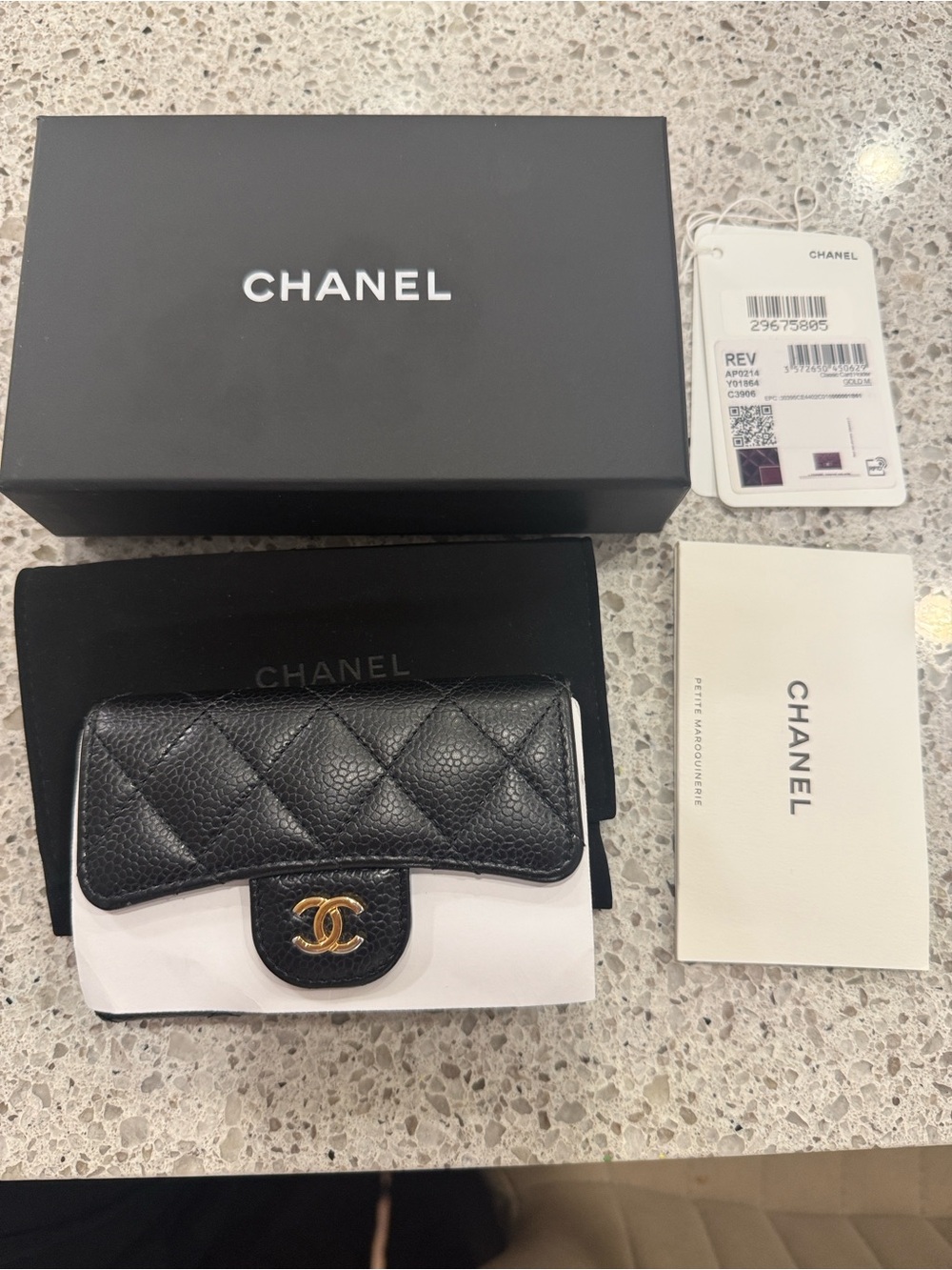 CHANEL Black Quilted Caviar Key & Card Holder with Gold CC